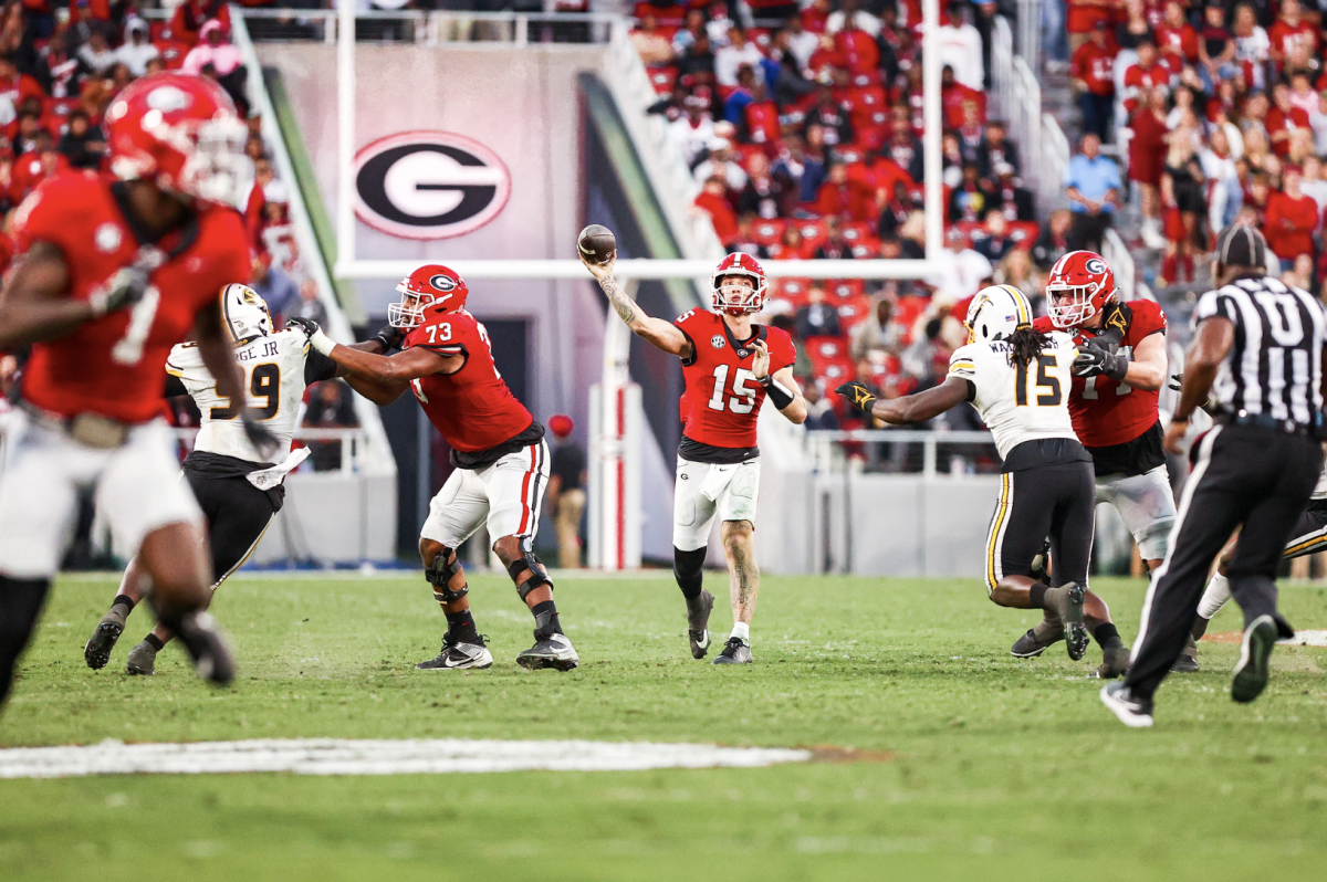 Georgia quarterback Carson Beck during Georgia’s game against Missouri on Dooley Field at Sanford Stadium in Athens, Ga., on Saturday, Nov. 4, 2023. (Tony Walsh/UGAAA)